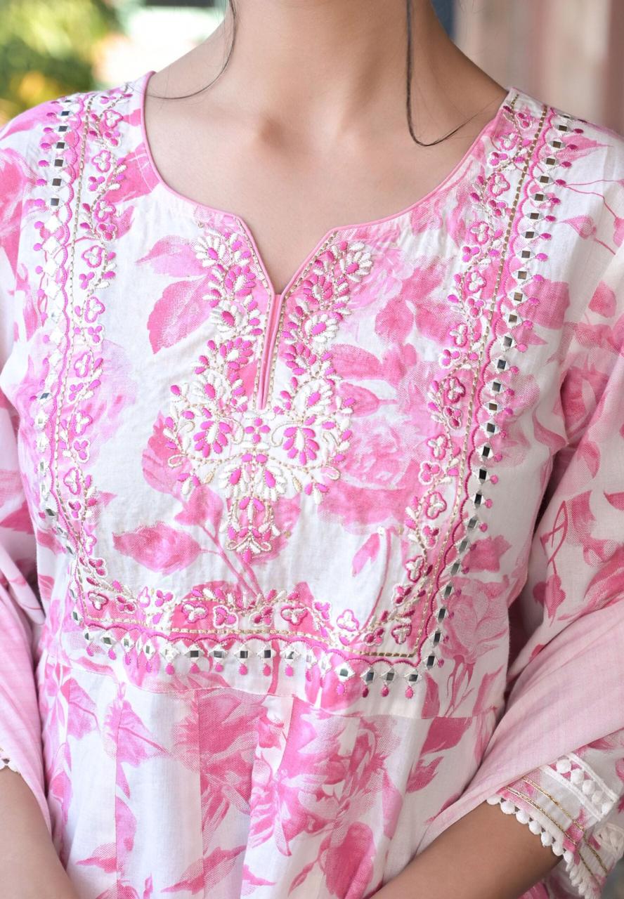 White Pink Floral Anarkali Kurti With Pant And Dupatta Sets Catalogue